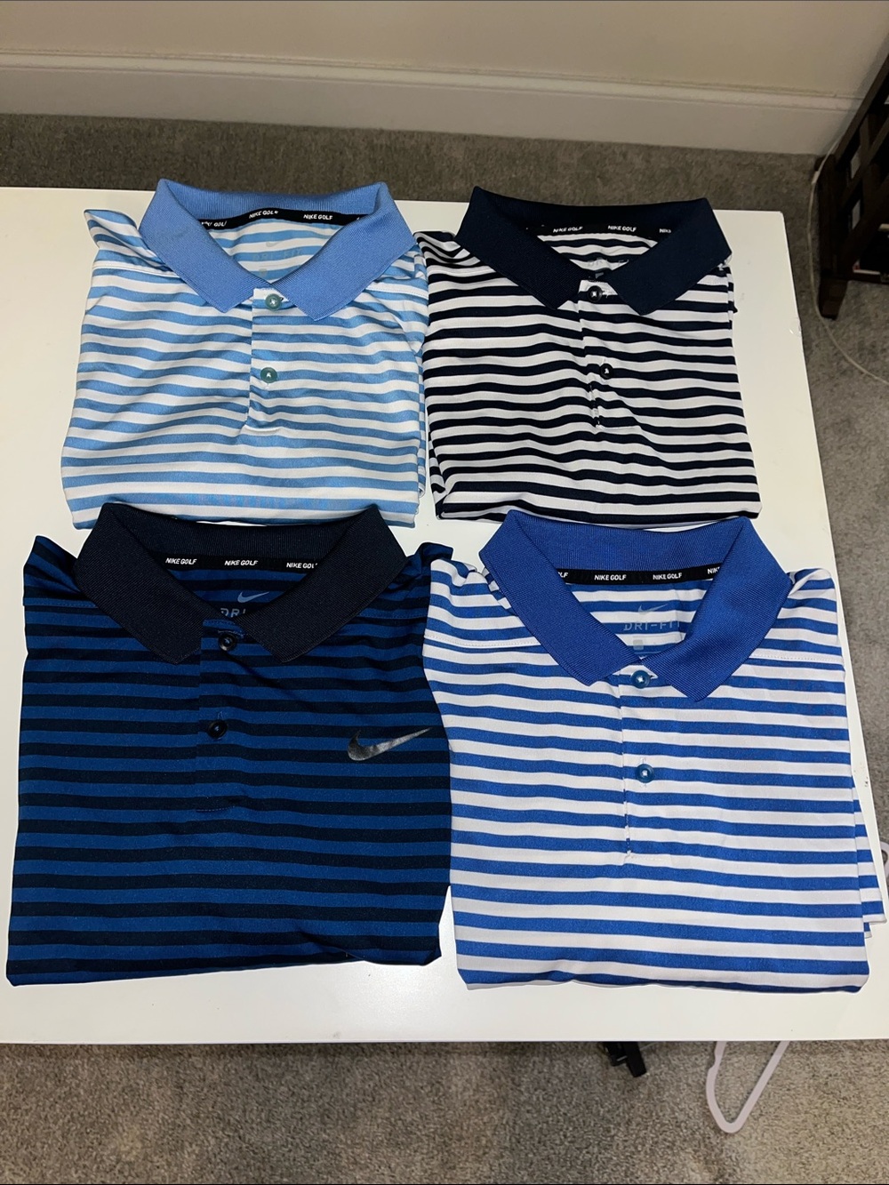 4-Nike $75 mens Blue Stripe Dri-Fit Swoosh Golf Polo Shirt-L 🏌️♂️fancy shirts